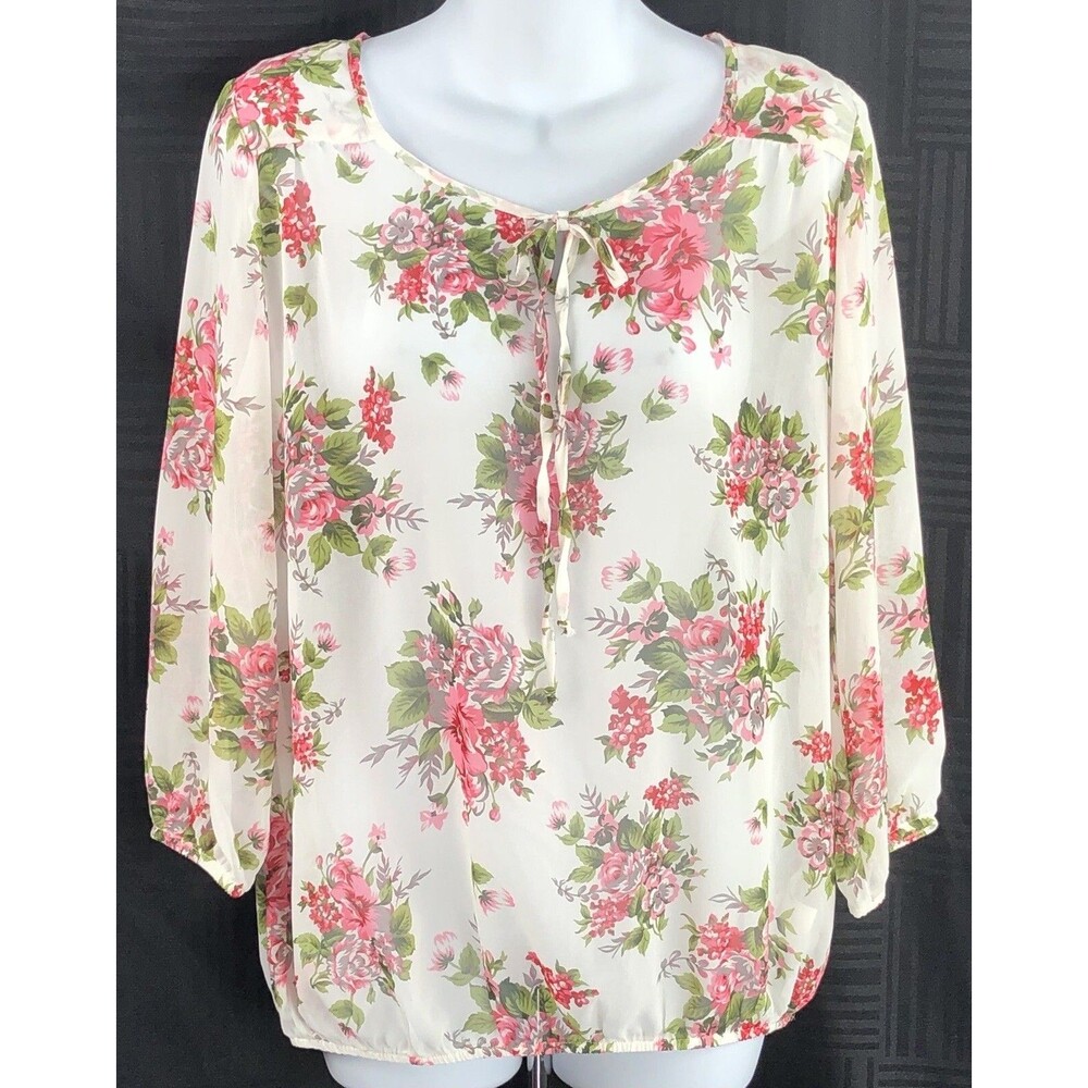 Venus chiffon flowy top M wht pink floral rose 3/4 balloon sleeve keyhole fairy